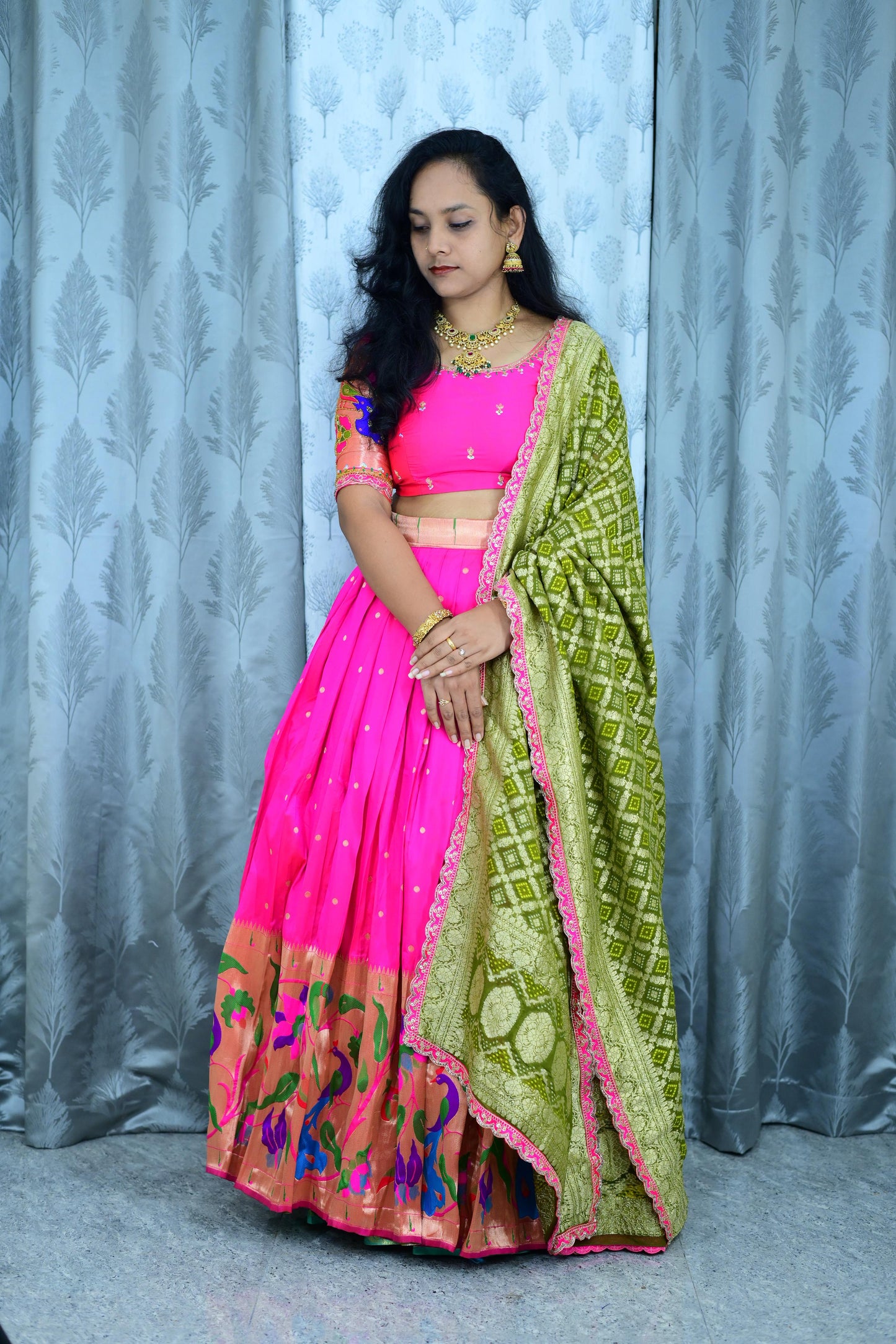Pythani with bandhini Maggam Work fully stitched Lehenga