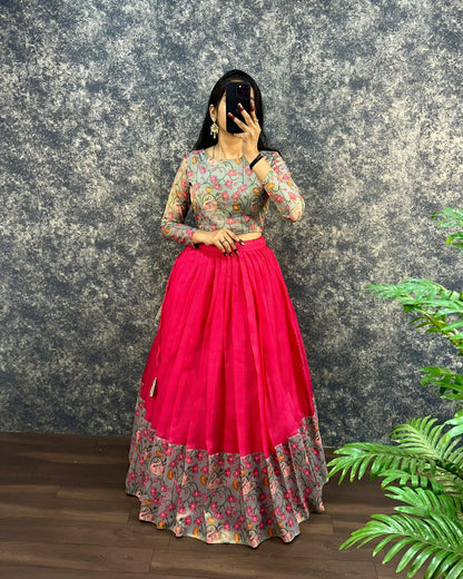 Kalamkari crop-top Kota doriya printed Lehenga sets