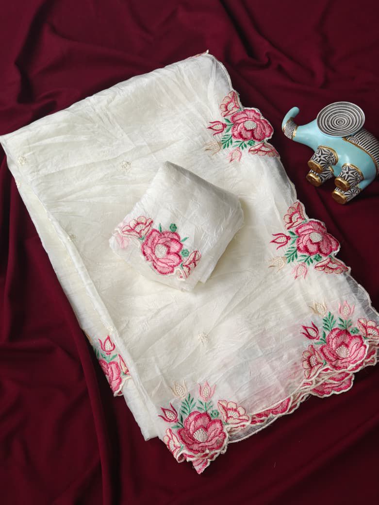 Pure Crush Silk Embroidery Cutwork saree Luxe