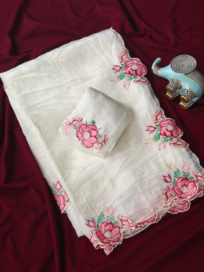 Pure Crush Silk Embroidery Cutwork saree Luxe