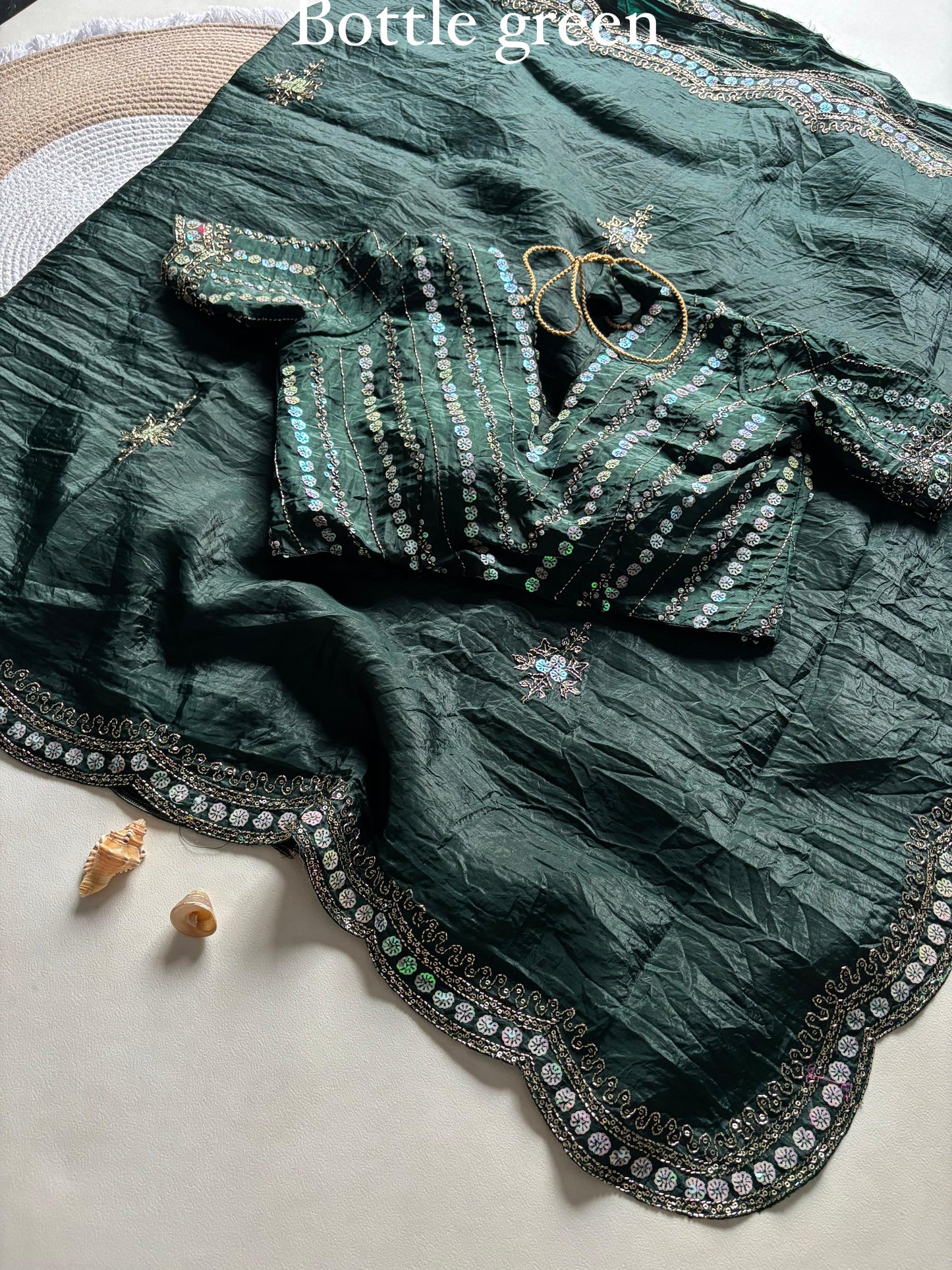 New gold crush saree with stitched blouse