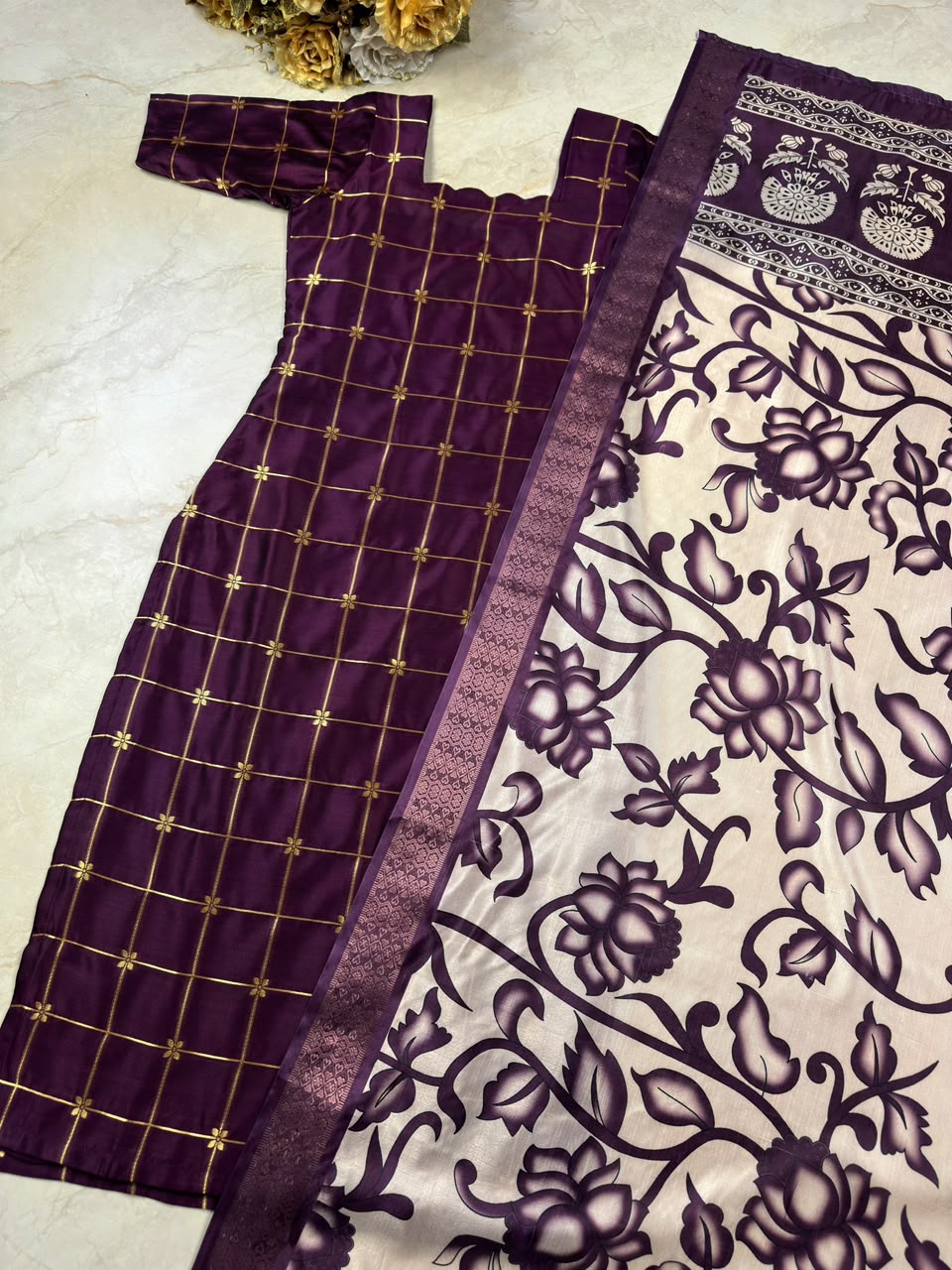 Traditional Check Weaving Kurti + Kalamkari Dupatta
