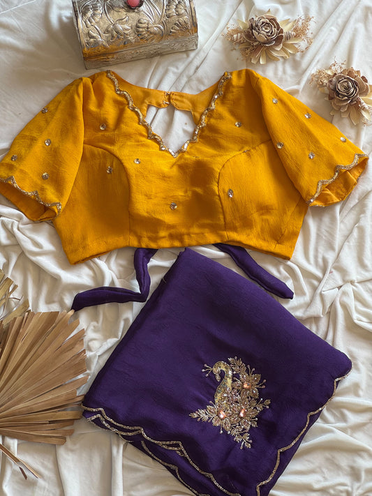 Rangoli purple yellow crush saree with stitched blouse