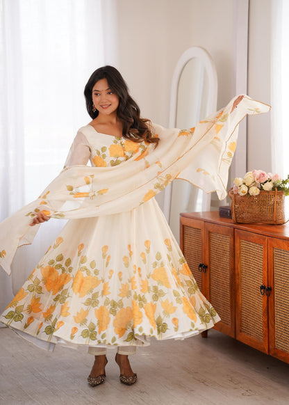 Classic Yellow Floral Printed Organza Anarkali sets