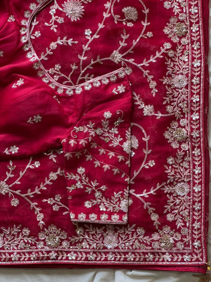 Cherry Aari Work And Handwork saree with stitched Luxe blouse