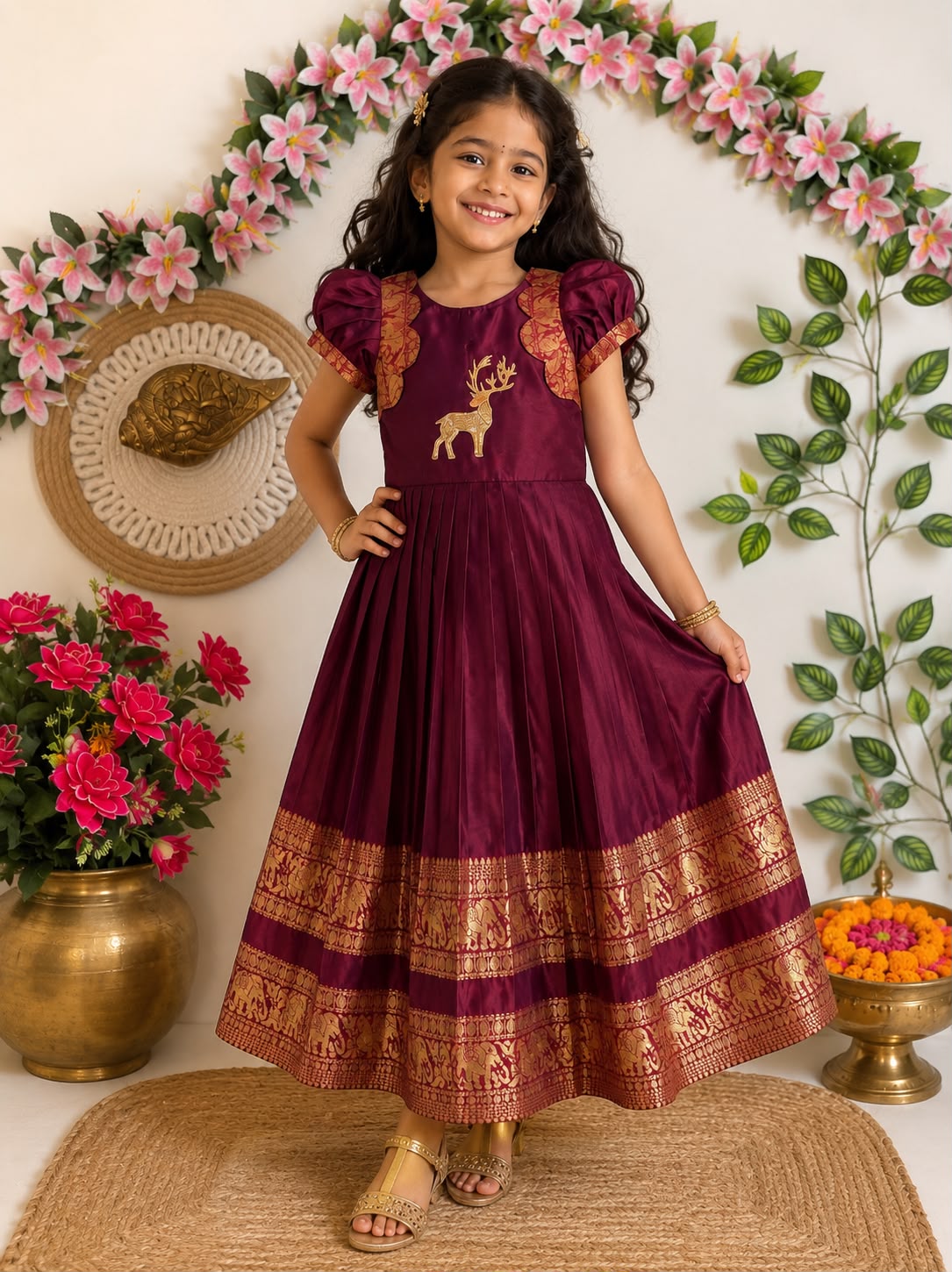 Kids Narayanpet cute deer work gowns