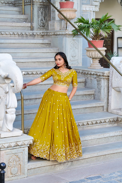 Vichitra silk mustard Haldi lehenga