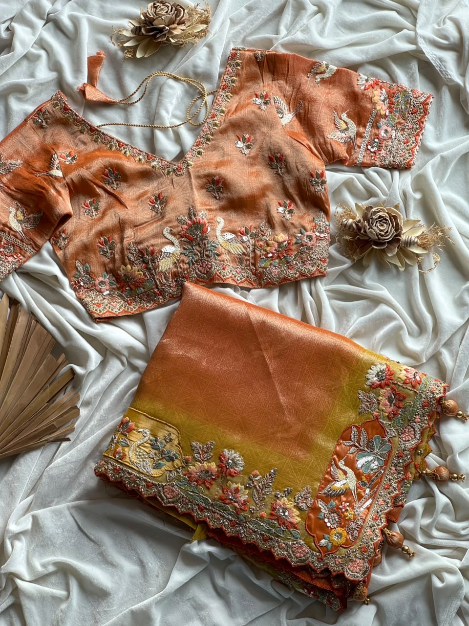 Luxe Dola silk coding work geruva saree with stitched blouse