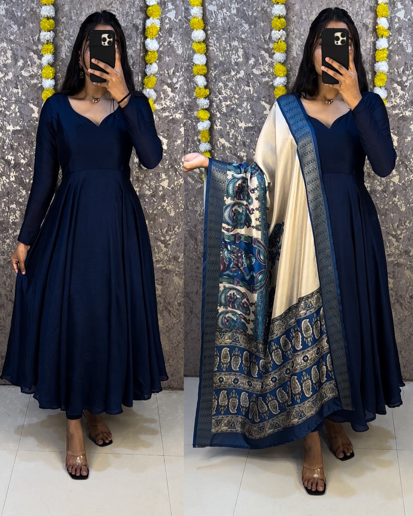 Collage style Anarkali sets with  Kalamkari dupatta