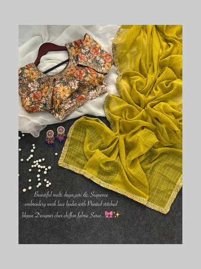 Multi data jari sequence embroidery saree with stitched blouse