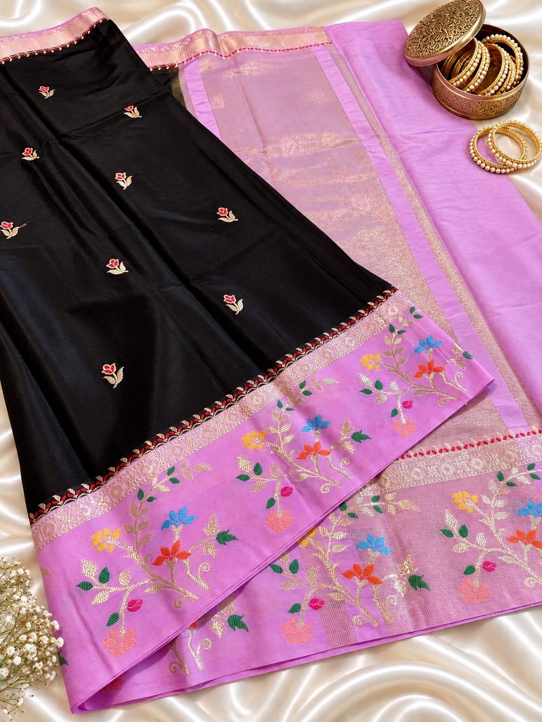 Budget Banarasi Katan Silk Saree with Contrast Alfi Border