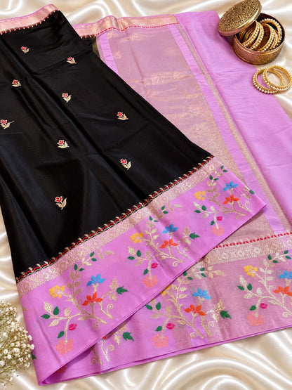 Budget Banarasi Katan Silk Saree with Contrast Alfi Border