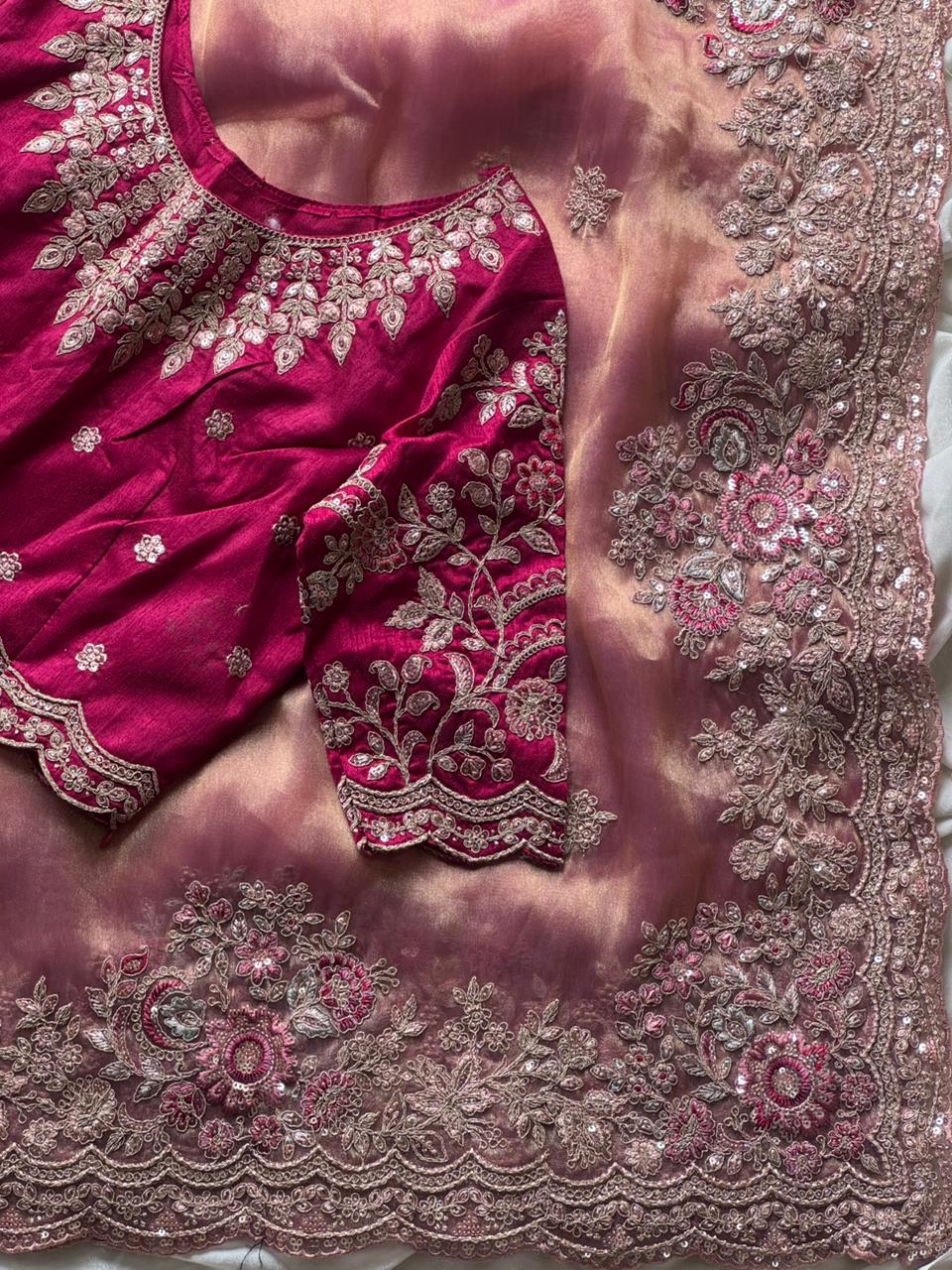 Blush Pink Premium Tissue Luxe Sequence saree with stitched blouse