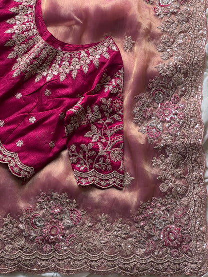 Blush Pink Premium Tissue Luxe Sequence saree with stitched blouse