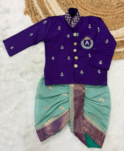 Brother & Sister Maggam Cute Traditional Combo – Banaras Silk Crop Top & Boy Kurta Dhoti Set